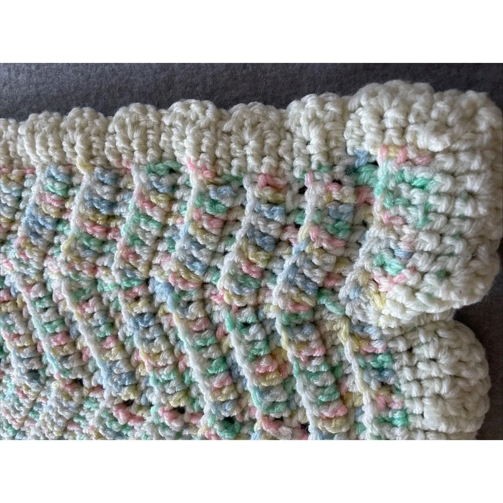Vintage Handmade Baby Blanket Pink‎ Blue White Green Yellow Crochet 36x36